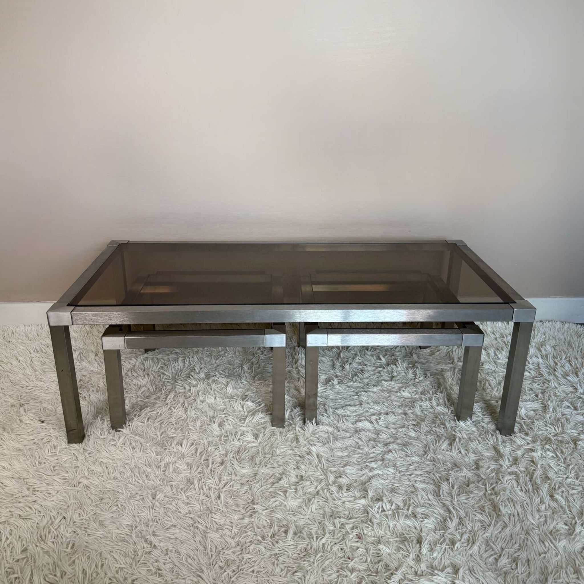 Table basse acier brossé design années 70 et gigognes