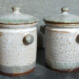 Duo of potter's pots covered in vintage glazed stoneware