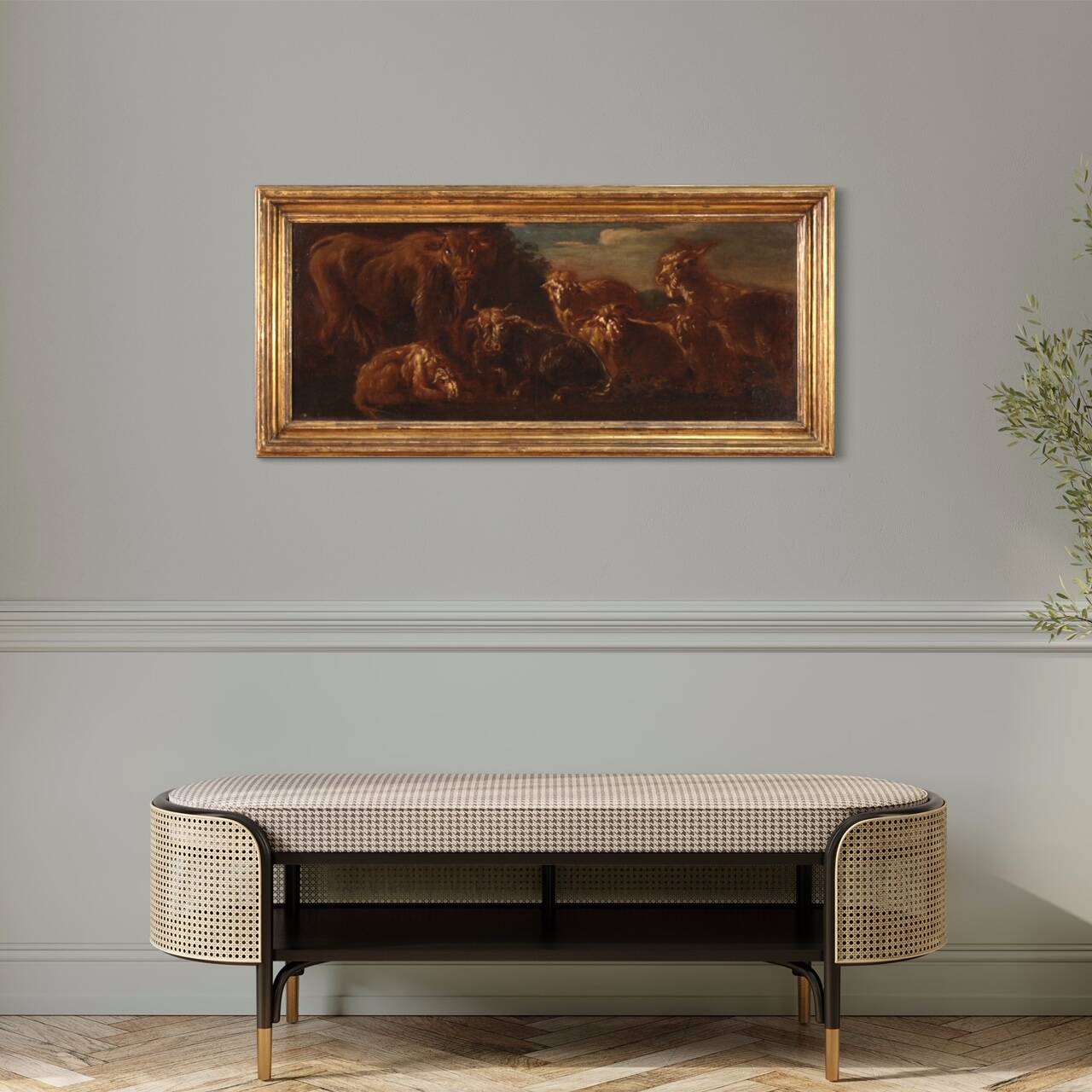 Italian painting from the 17th century, landscape with grazing animals