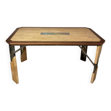 Desk, wooden table, wrought iron and stained glass