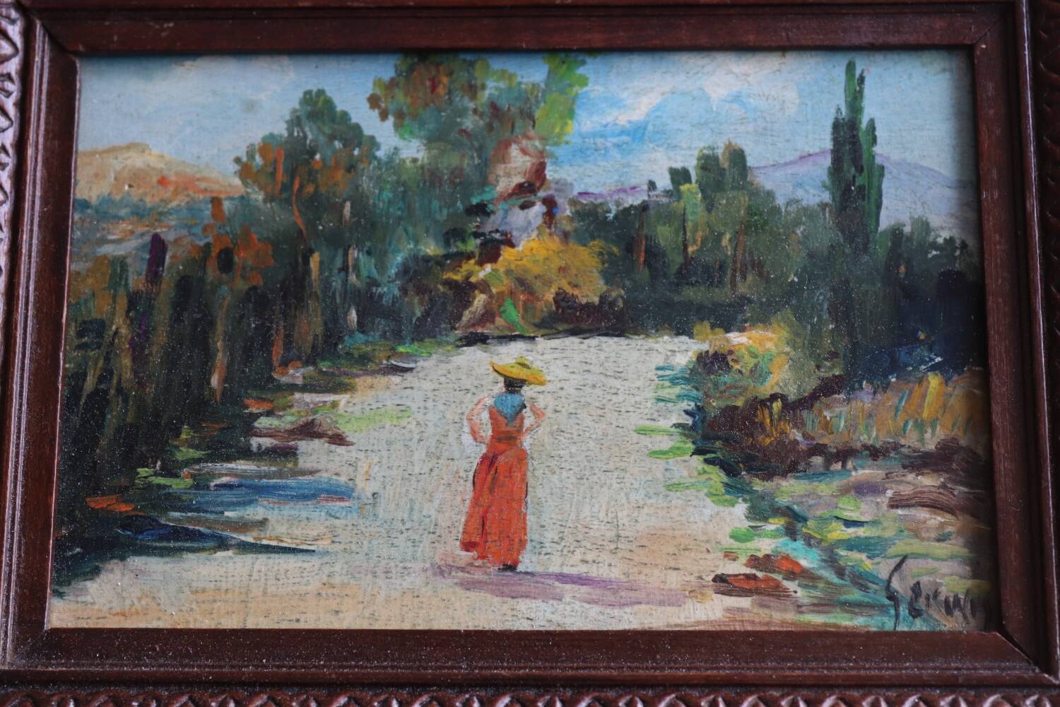 Small oil on panel landscape and old woman