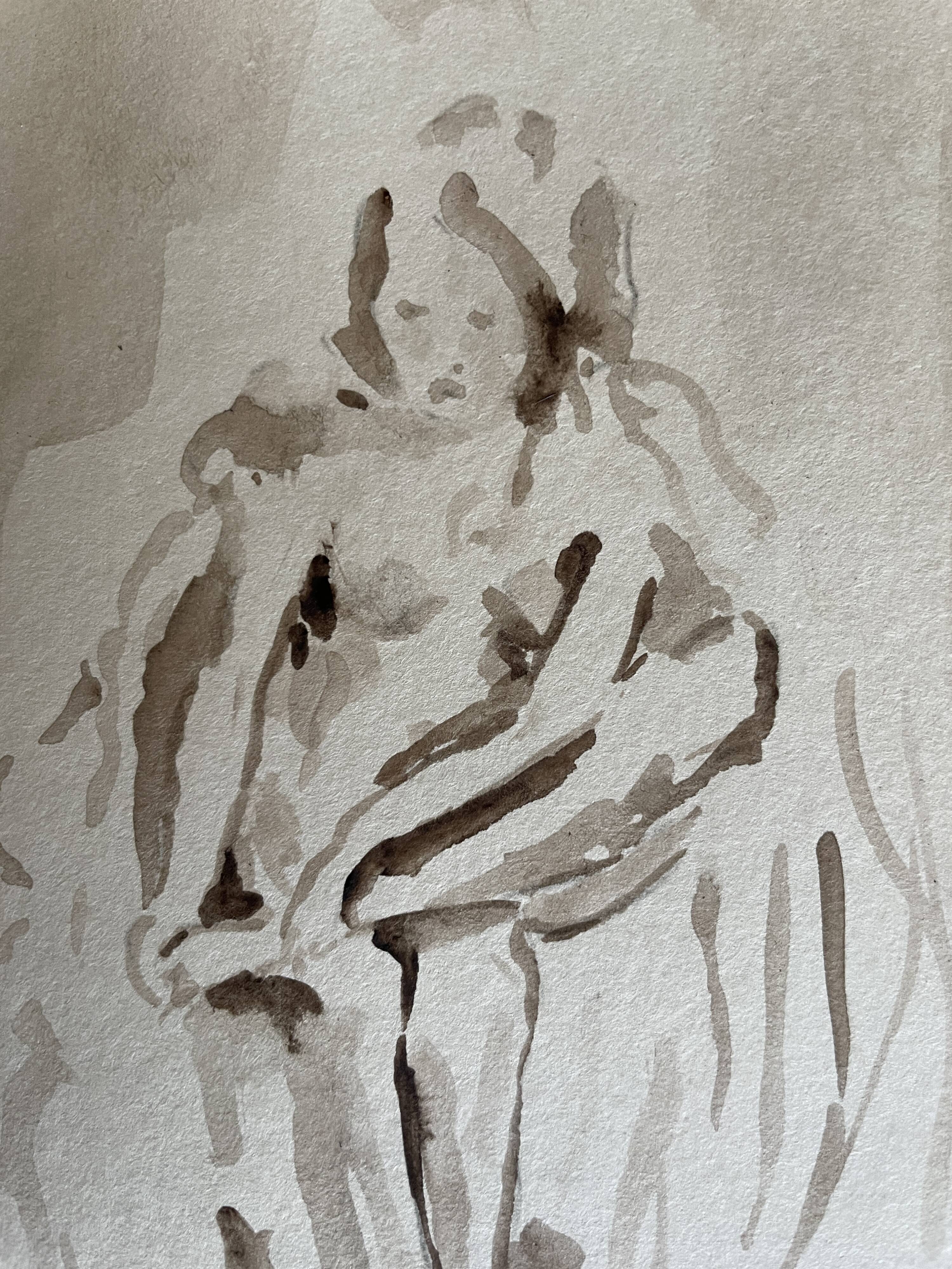Tableau signé aquarelle portrait féminin « esquisse sortie du bain »
