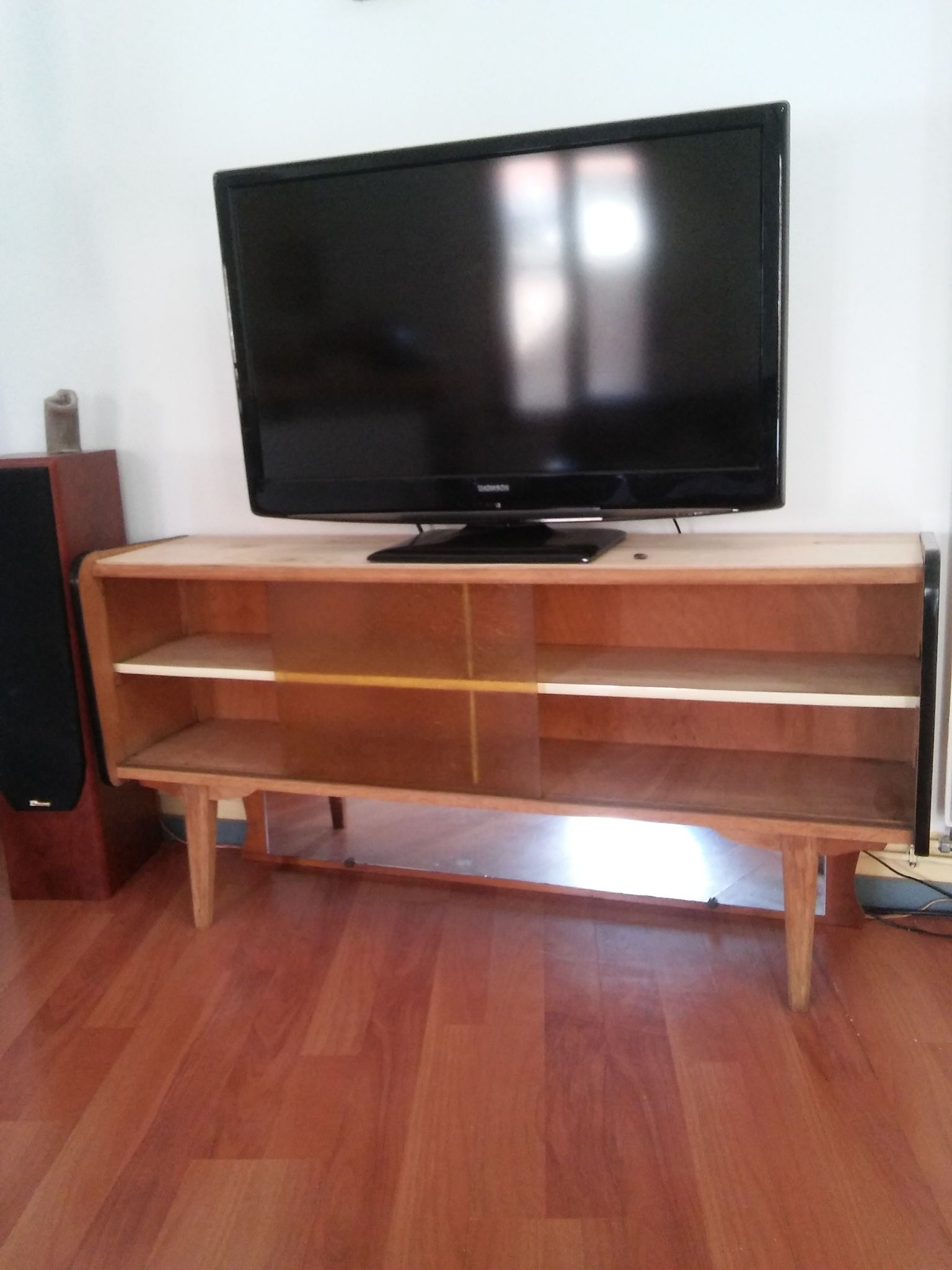 Sideboard vintage Scandinavian feet compass of oak and glass