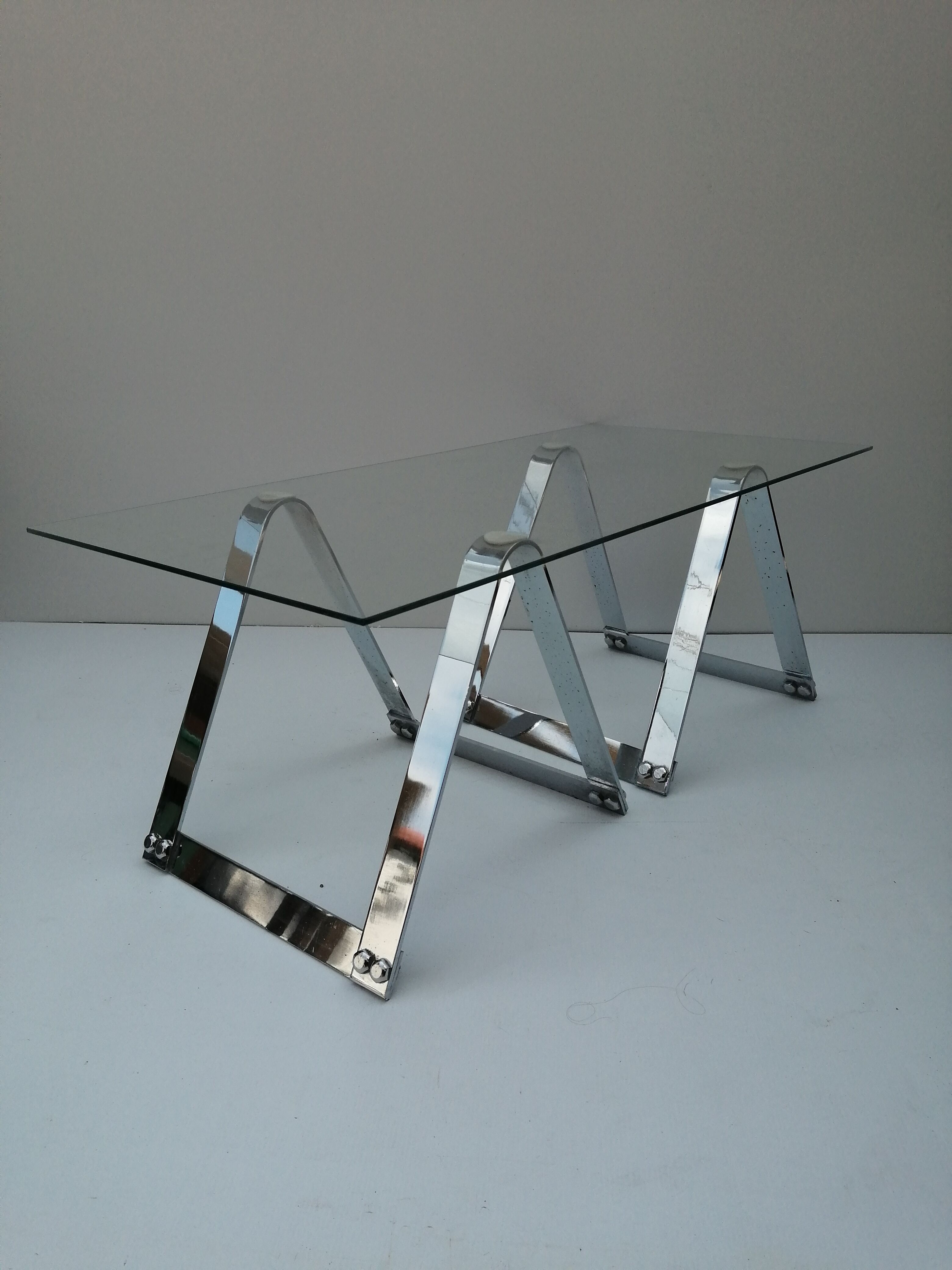 Glass and chrome coffee table, trestle legs, vintage 1960-1970