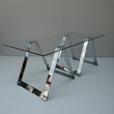 Glass and chrome coffee table, trestle legs, vintage 1960-1970