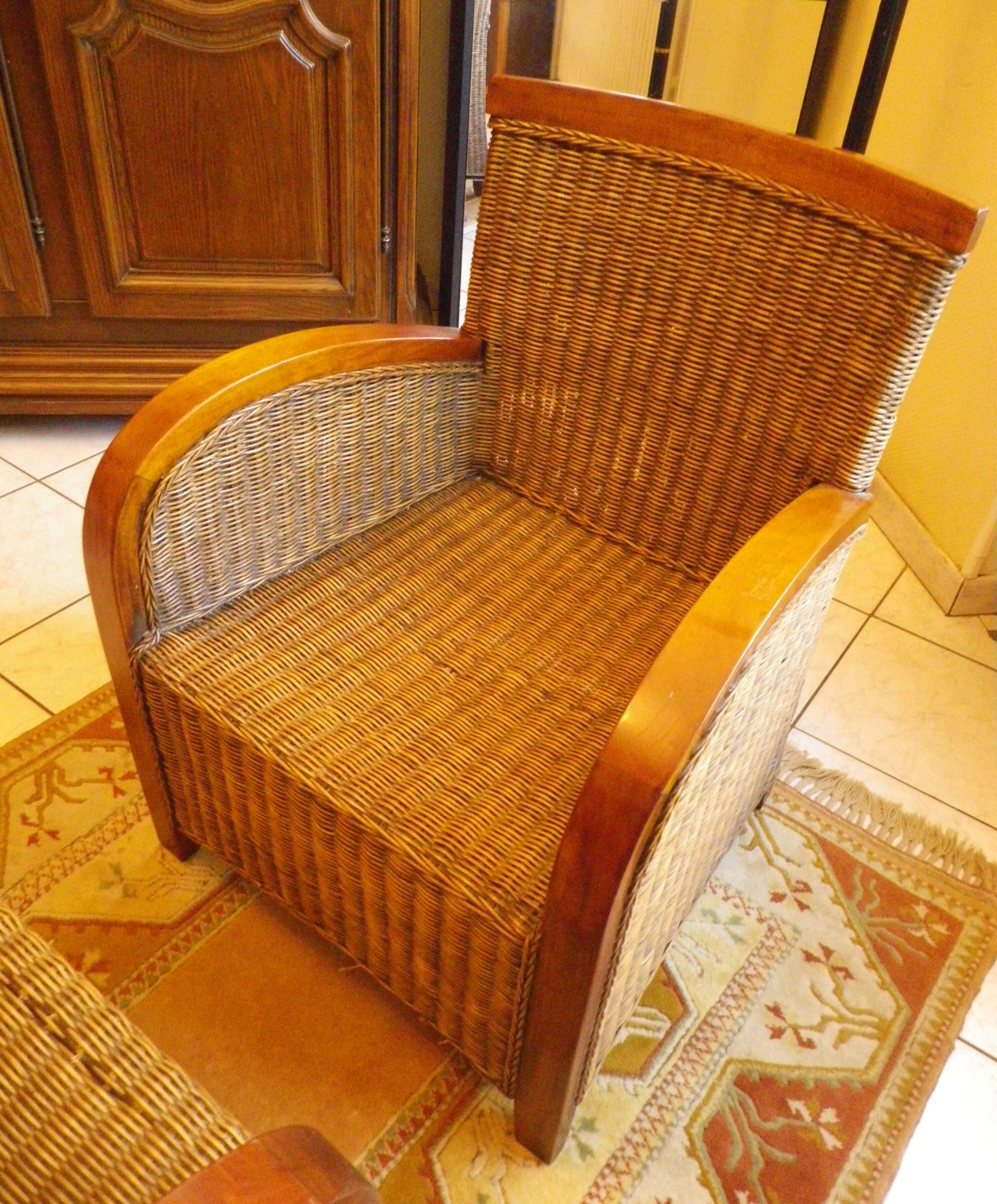 Pair of Club armchairs in ocean liner style, woven rattan and solid wood.
