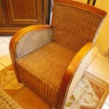 Pair of Club armchairs in ocean liner style, woven rattan and solid wood.