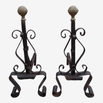 Pair of wrought iron and brass chenets