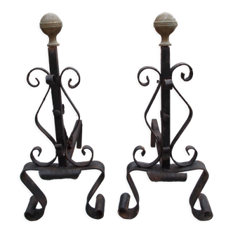 Pair of wrought iron and brass chenets