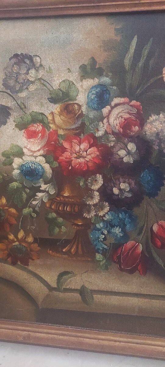 Peinture à l'huile sur toile nature morte aux fleurs, début du XIXe siècle