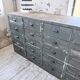 Patinated blue workshop furniture with XL drawers in oak and beech.