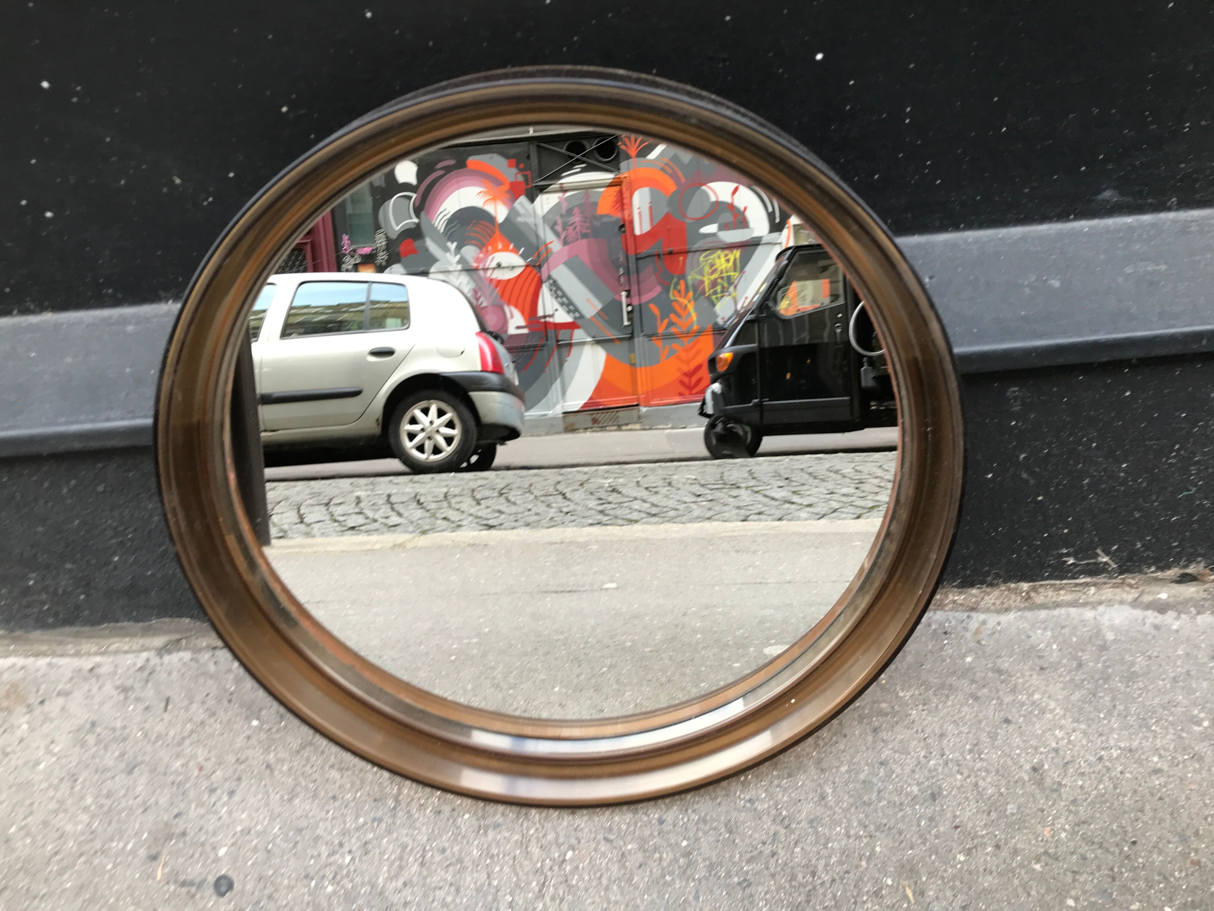 Round mirror plexiglass smoked gilac 1970 brown 40 cm