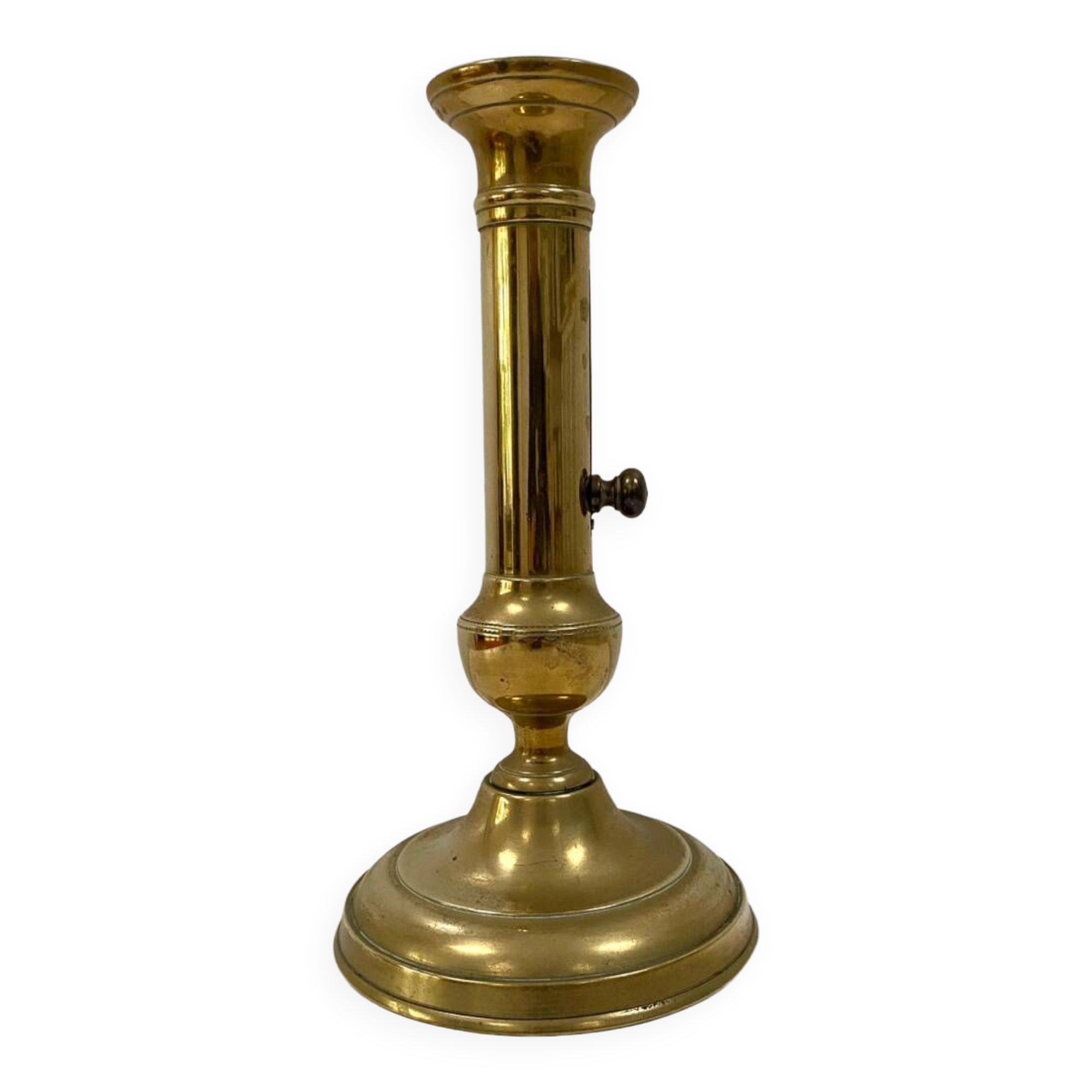 Bougeoir Ancien En Laiton – Modèle à Poussoir – Hauteur 17 Cm