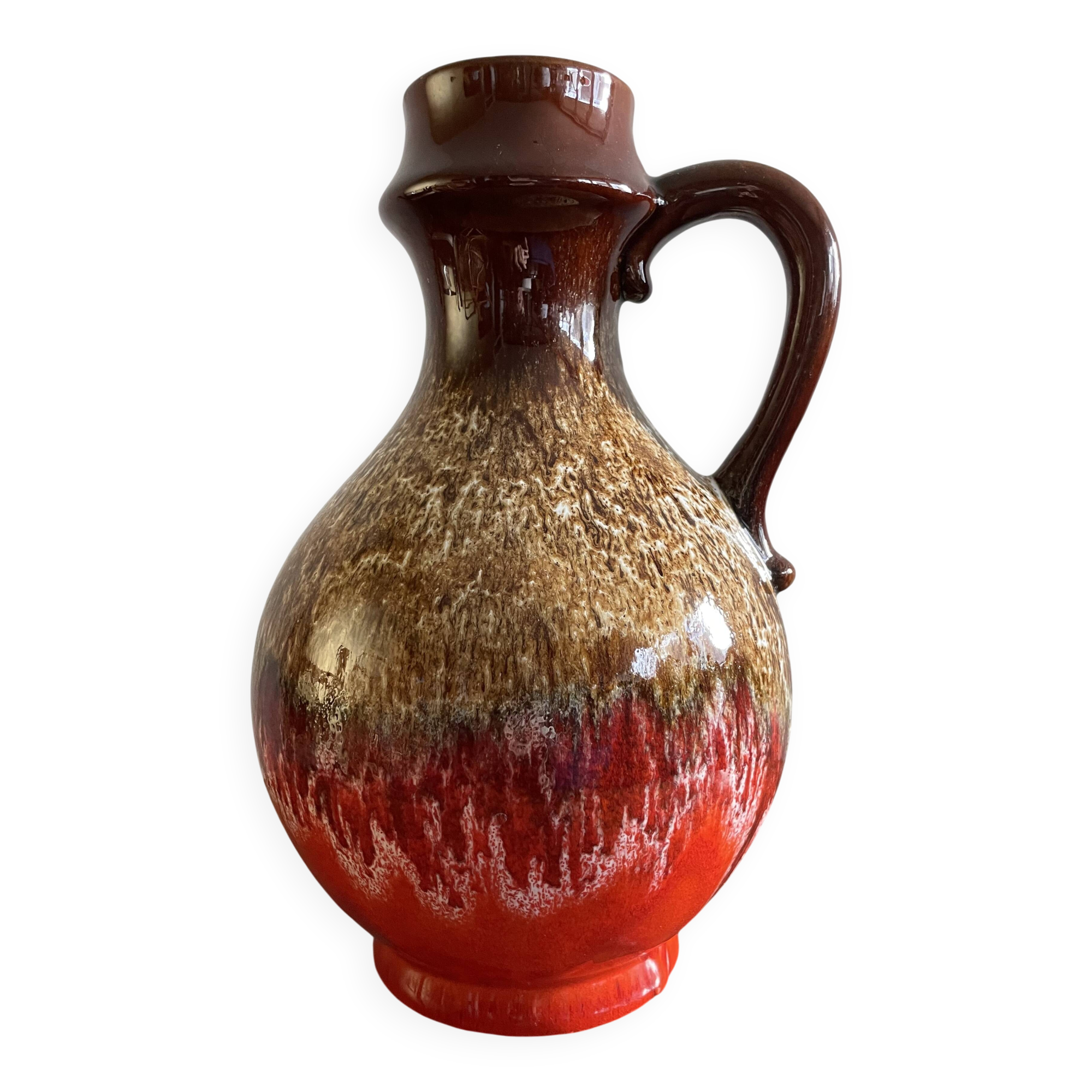 Bay Keramik red, brown and white fat lava handled vase West Germany