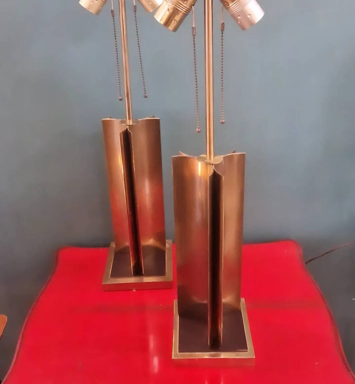 Large pair of 70s gold metal table lamps