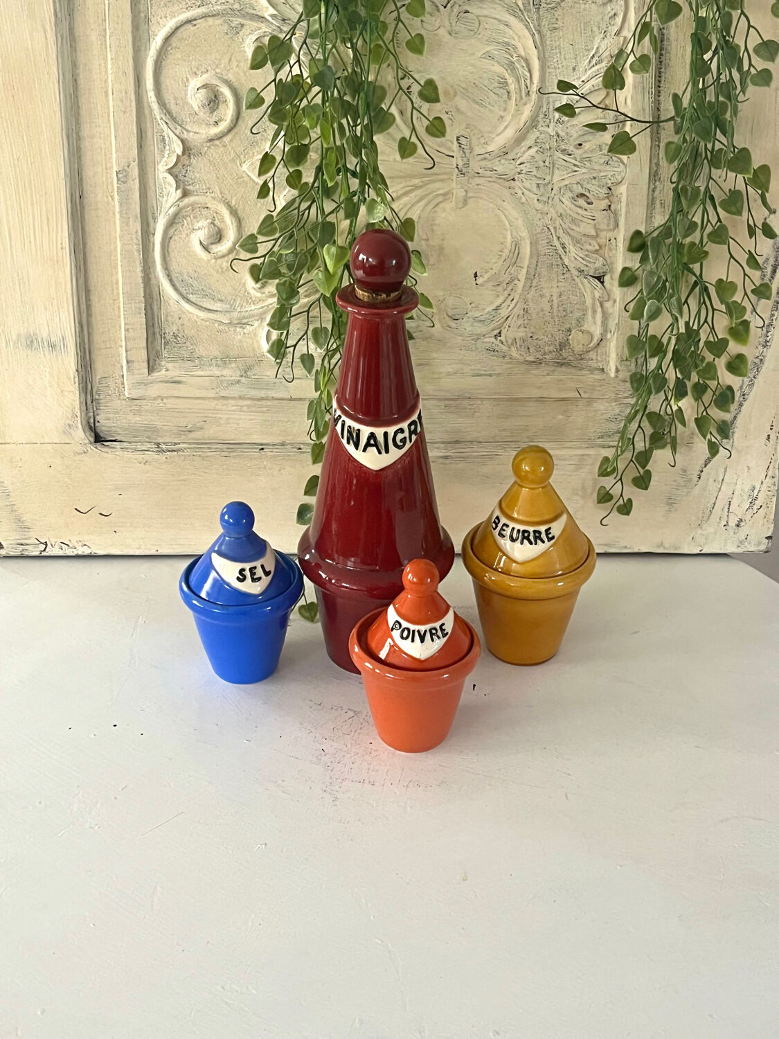 French 1950s ceramic vinaigrette set, Pol Chambost style
