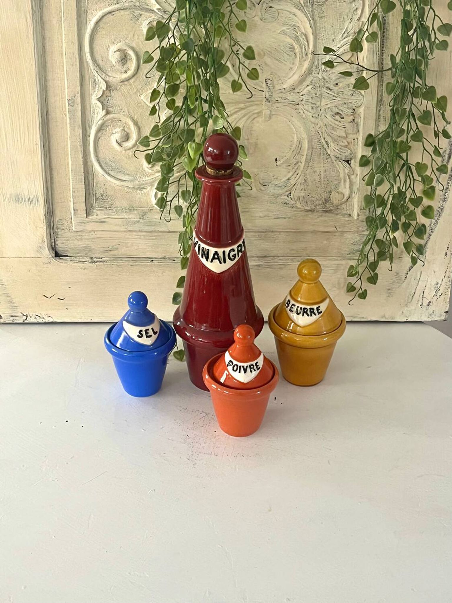 French 1950s ceramic vinaigrette set, Pol Chambost style