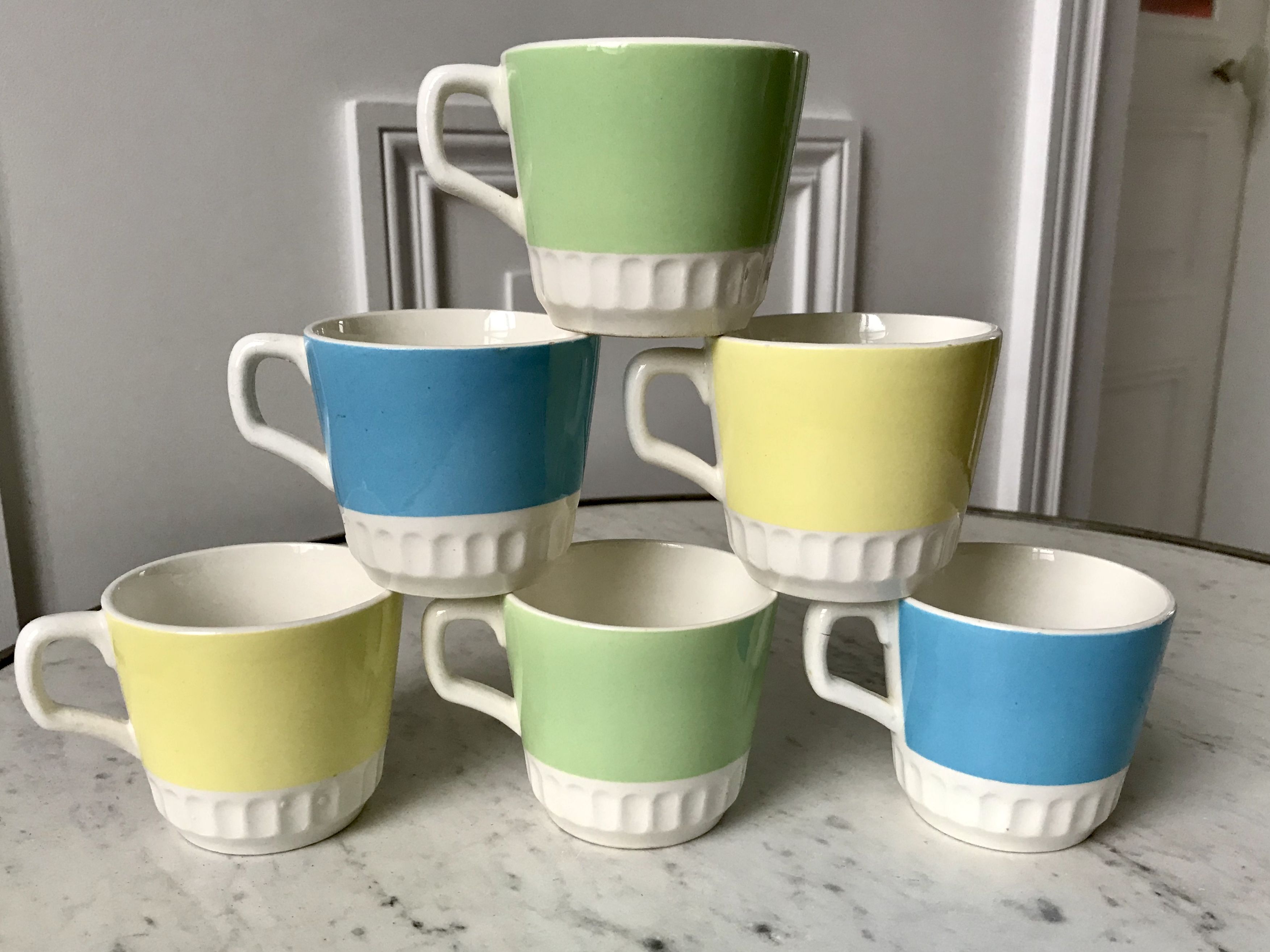 set of 6 colorful coffee cups pop Digoin Sarreguemines 60s