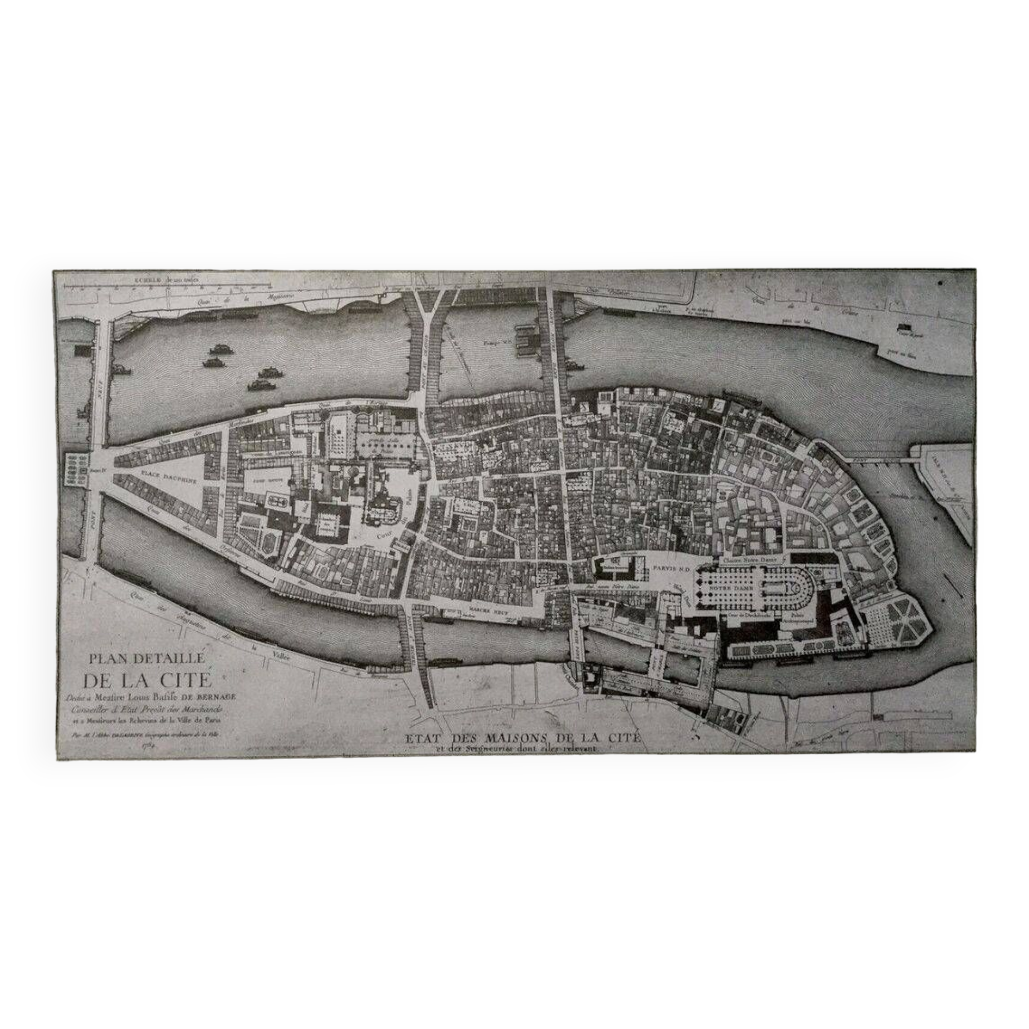 Historical map of the Ile de la Cité in Paris in 1754