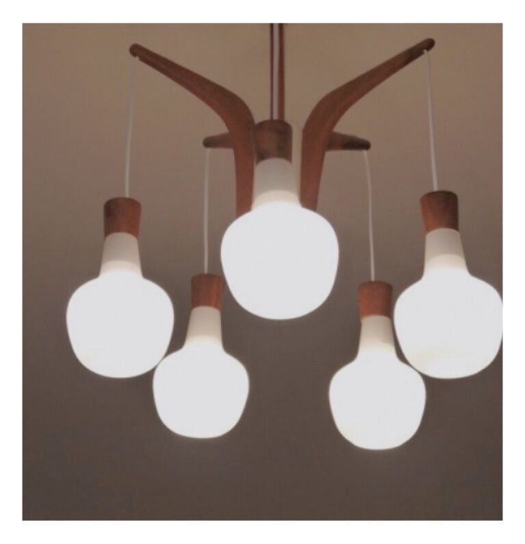 Vintage teak and opaline chandelier