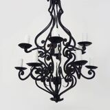 Large 12-light wrought iron hall or living room chandelier. 1960s-70s