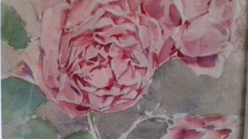 Ancient watercolour painting "3 blossoming roses"
