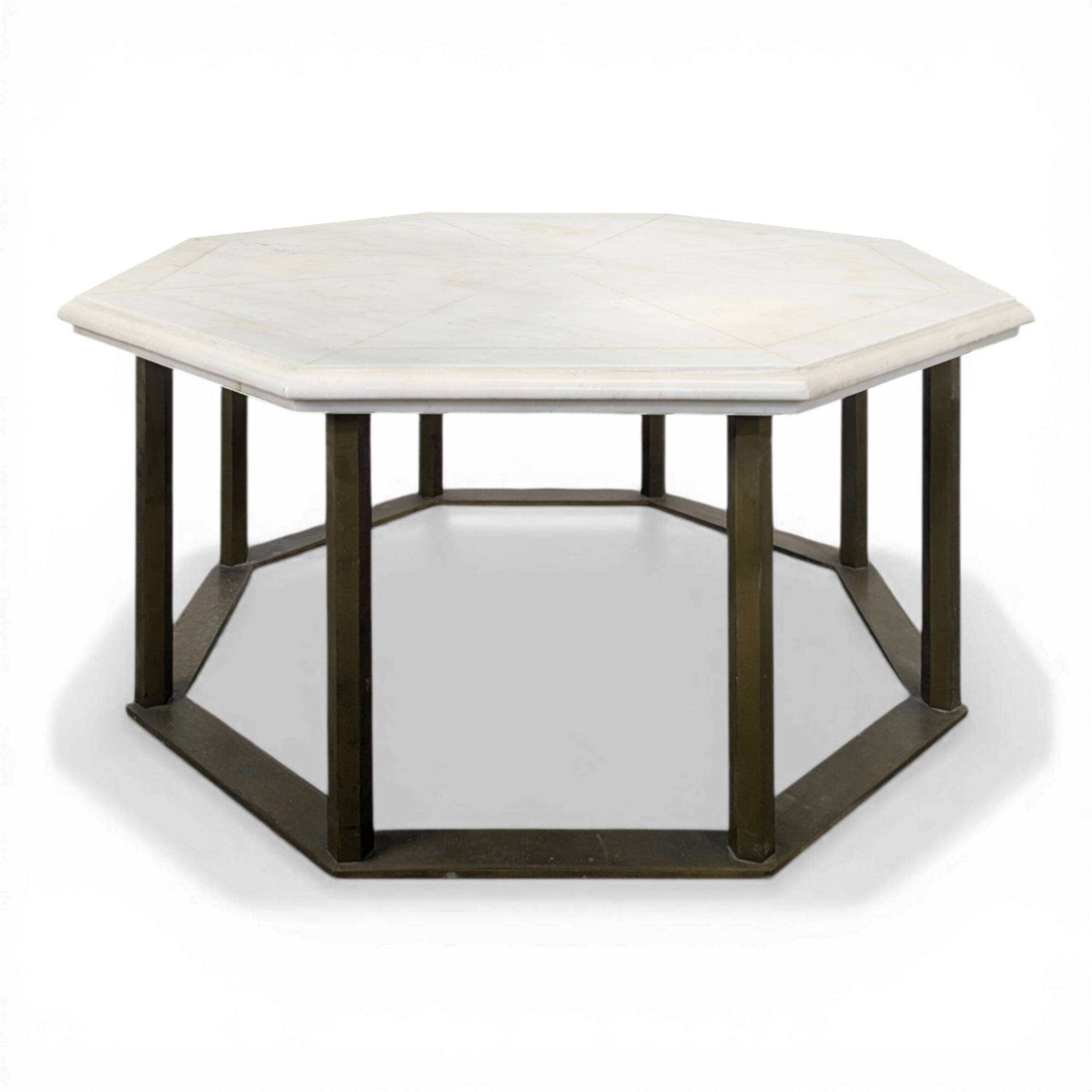 1940s octagonal coffee table with a marble top.