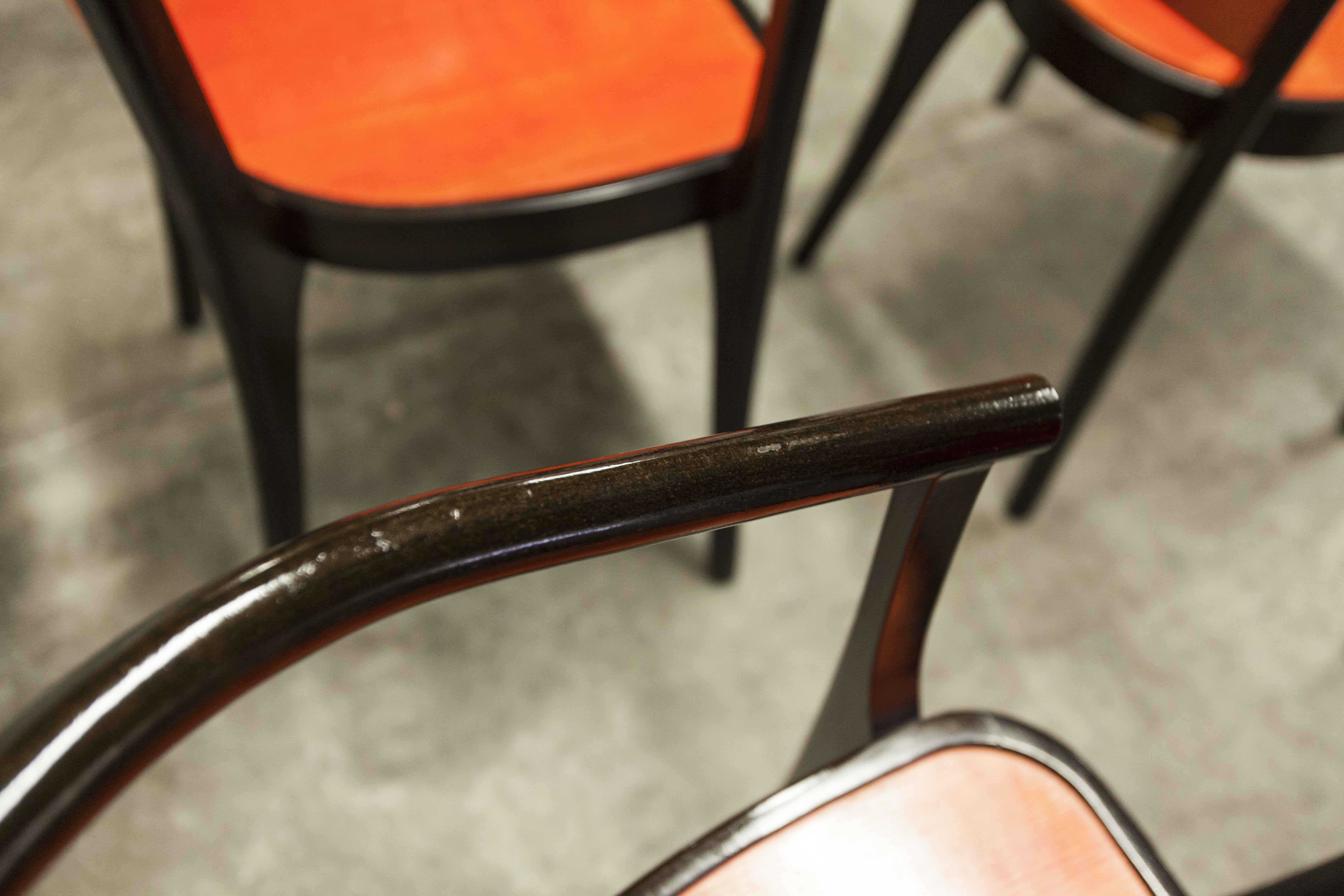 Table and 6 armchairs Baumann Diese, design Pagnon Pelhaître, Wenge color and red,