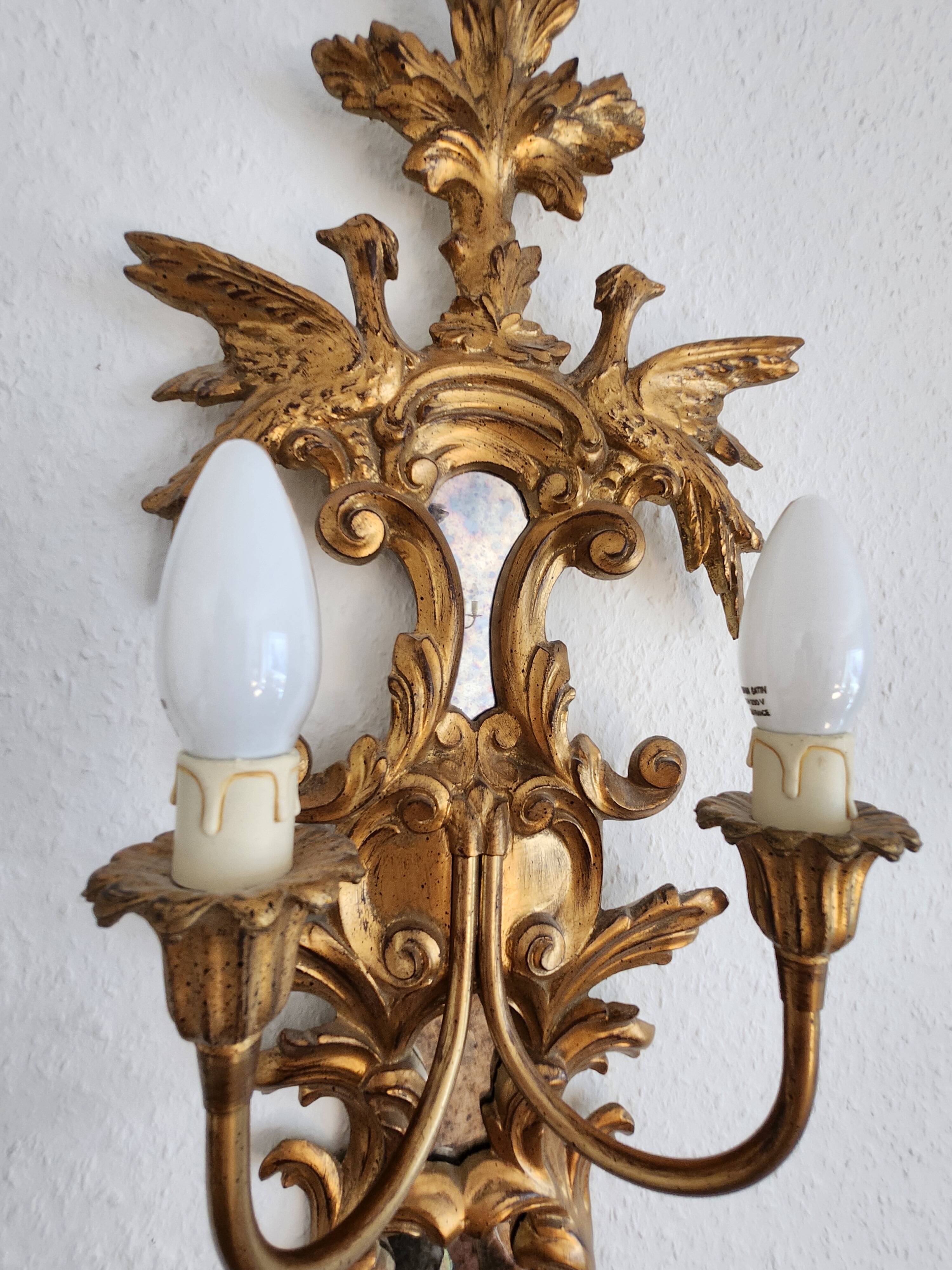 Louis XVI wall lamps Rocaille gilded carved wood antique mirror glass