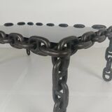 Table basse vintage brutaliste en fer noir à mailles de chaîne avec verre fumé d'origine, années 70