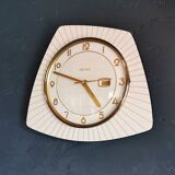 Vintage formica clock silent asymmetrical wall pendulum "Bayard wood lines"