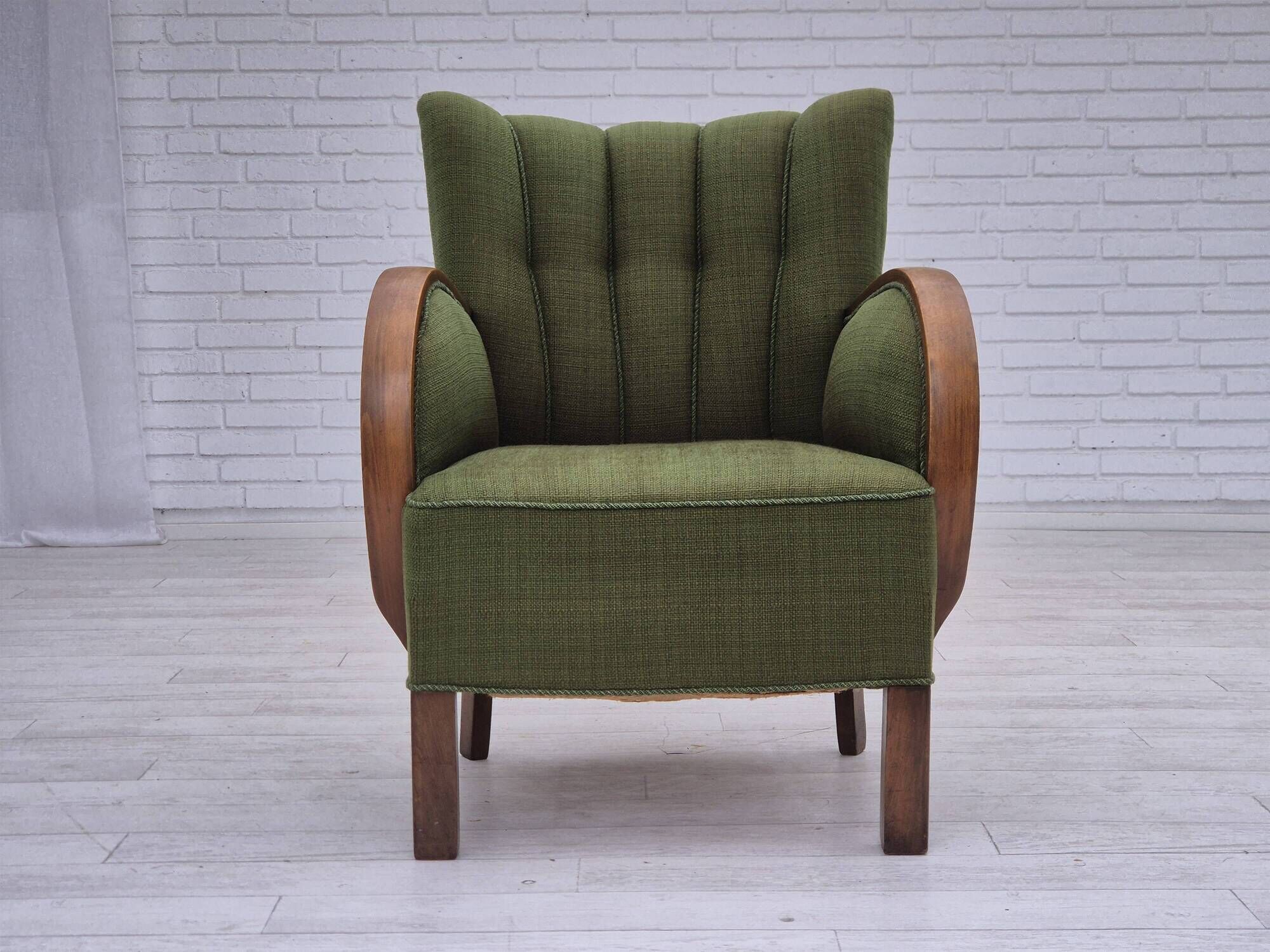 1950s, Danish artdeco armchair, green furniture wool, beech wood, original.