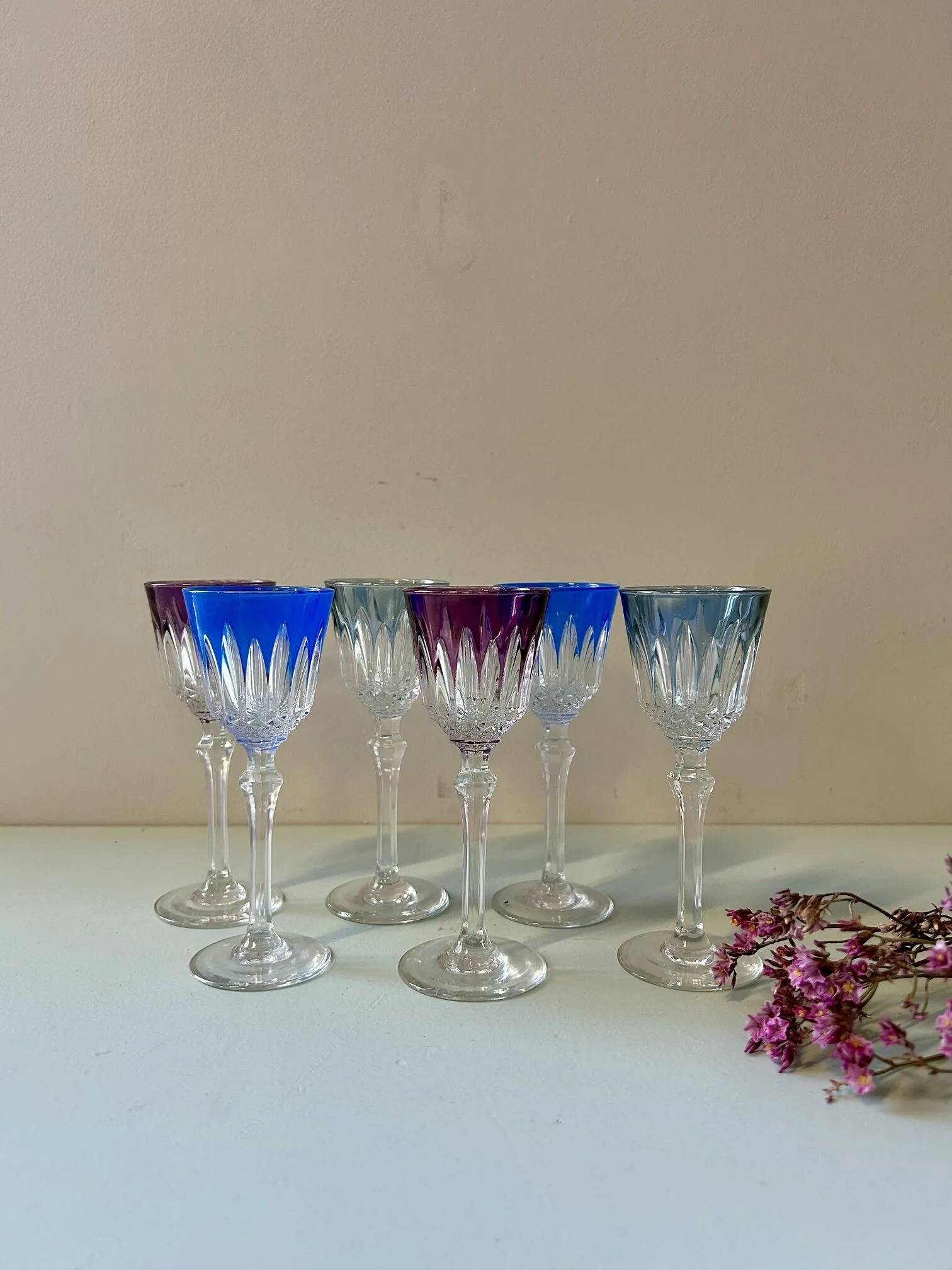 6 antique cut crystal liqueur glasses