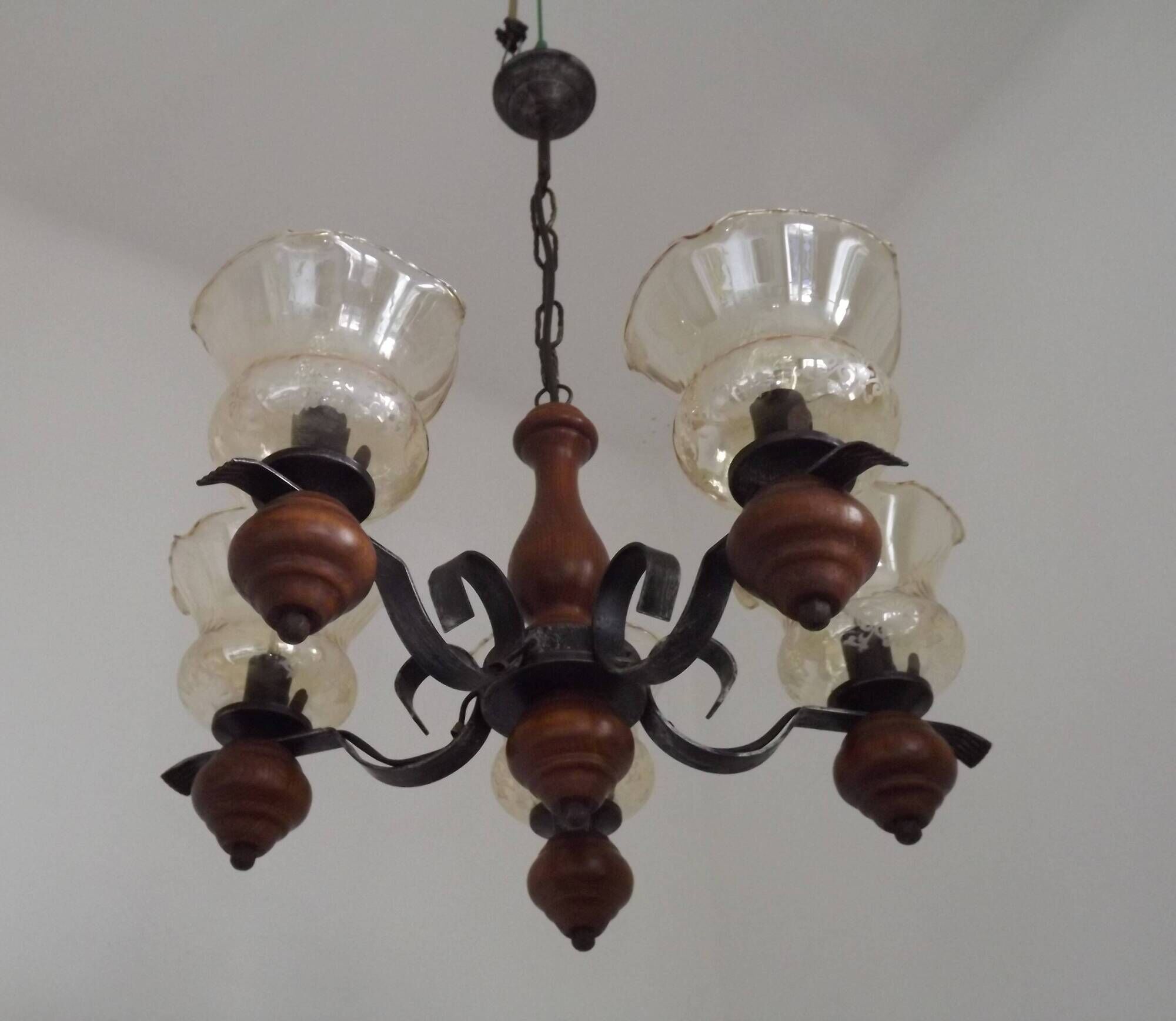 French 5 Light Mid Century Chandelier Wood Metal & Patterned Glass Shades
