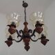 French 5 Light Mid Century Chandelier Wood Metal & Patterned Glass Shades