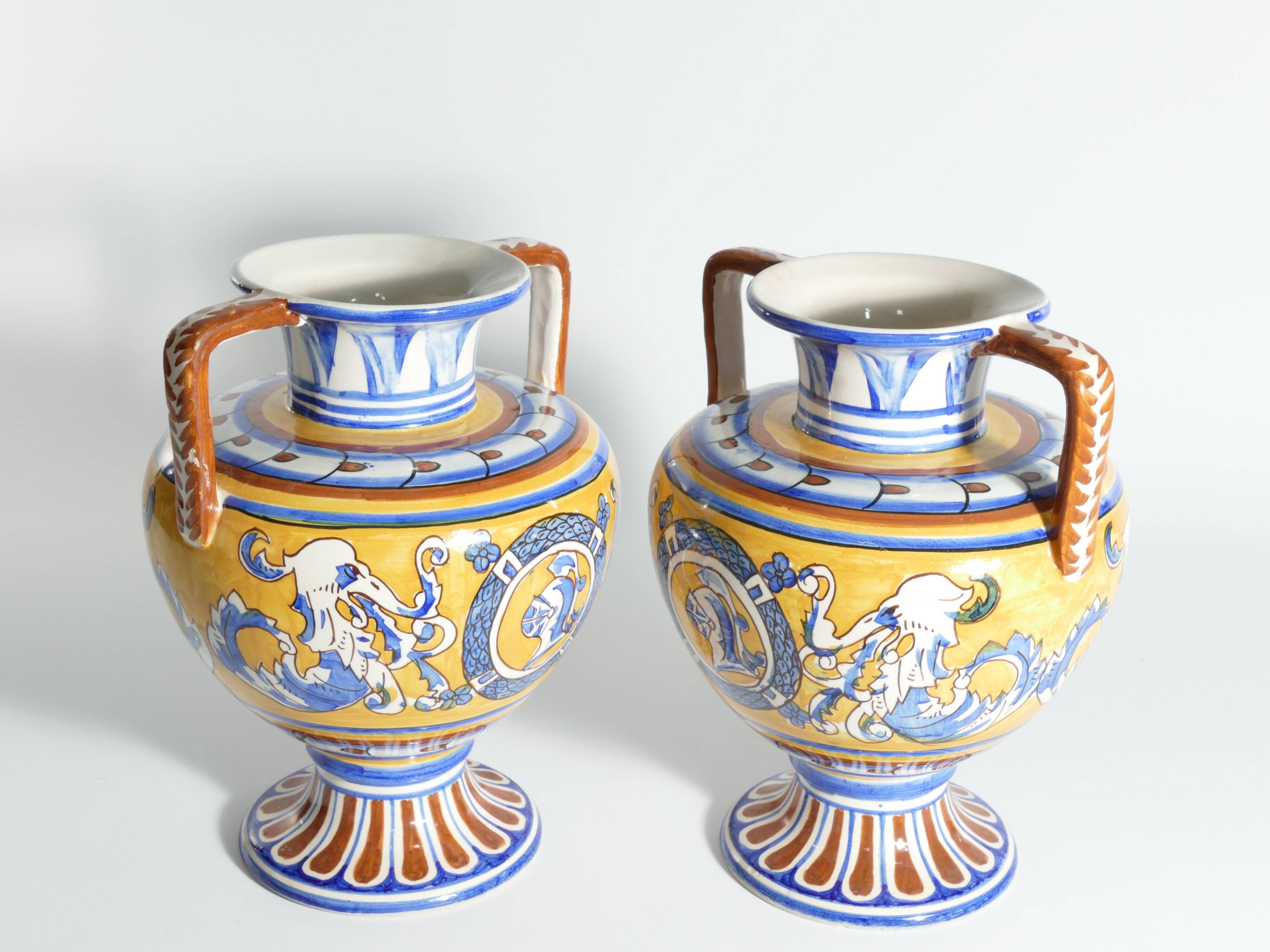 Large Hand-Painted Ceramic Double Handled Vases,  France, Set of 2