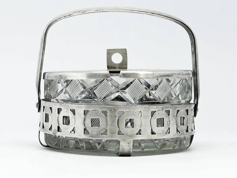 Sugar bowl, postmodernism, glass, silver-plated brass, Poland, 1970s