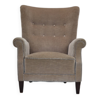1970s, Danish highback armchair, original condition, furniture velour, bech wood.