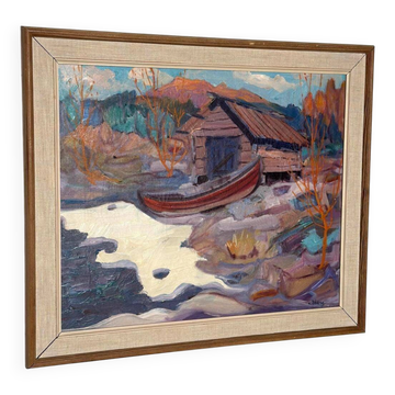 Huile sur toile suédoise d'époque mi-siècle – « Hut » par Nils Öberg – Vintage et encadrée – 53 × 45 cm