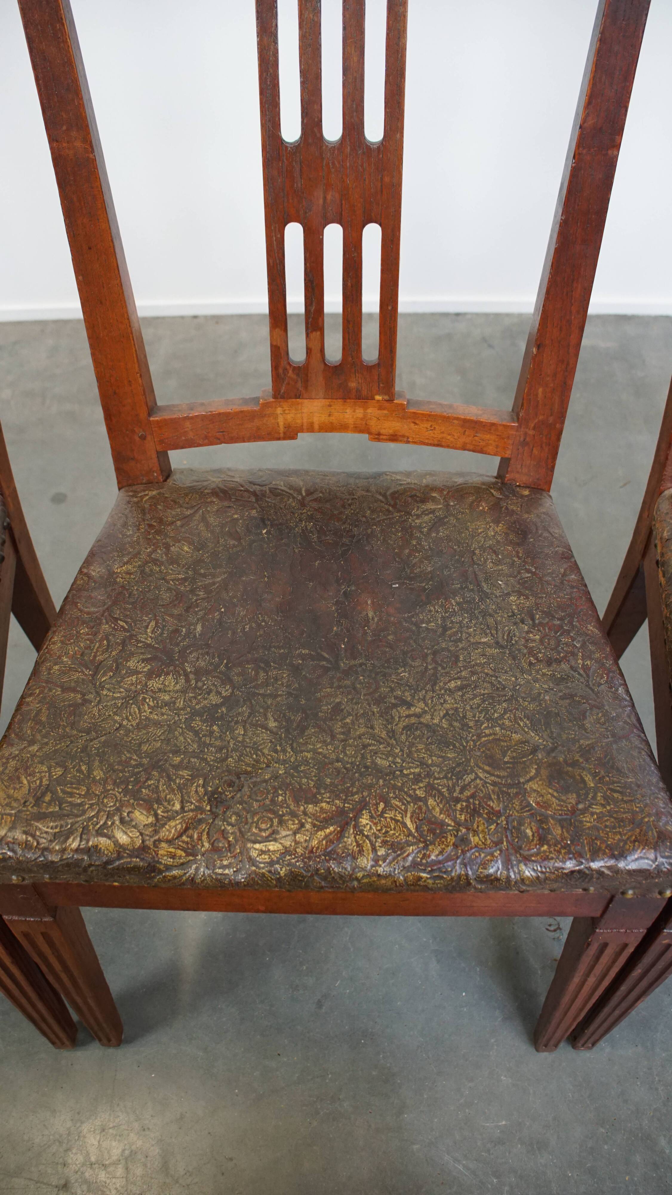 Ensemble de 6 chaises de salle à manger en cuir antiques d'origine néerlandaise