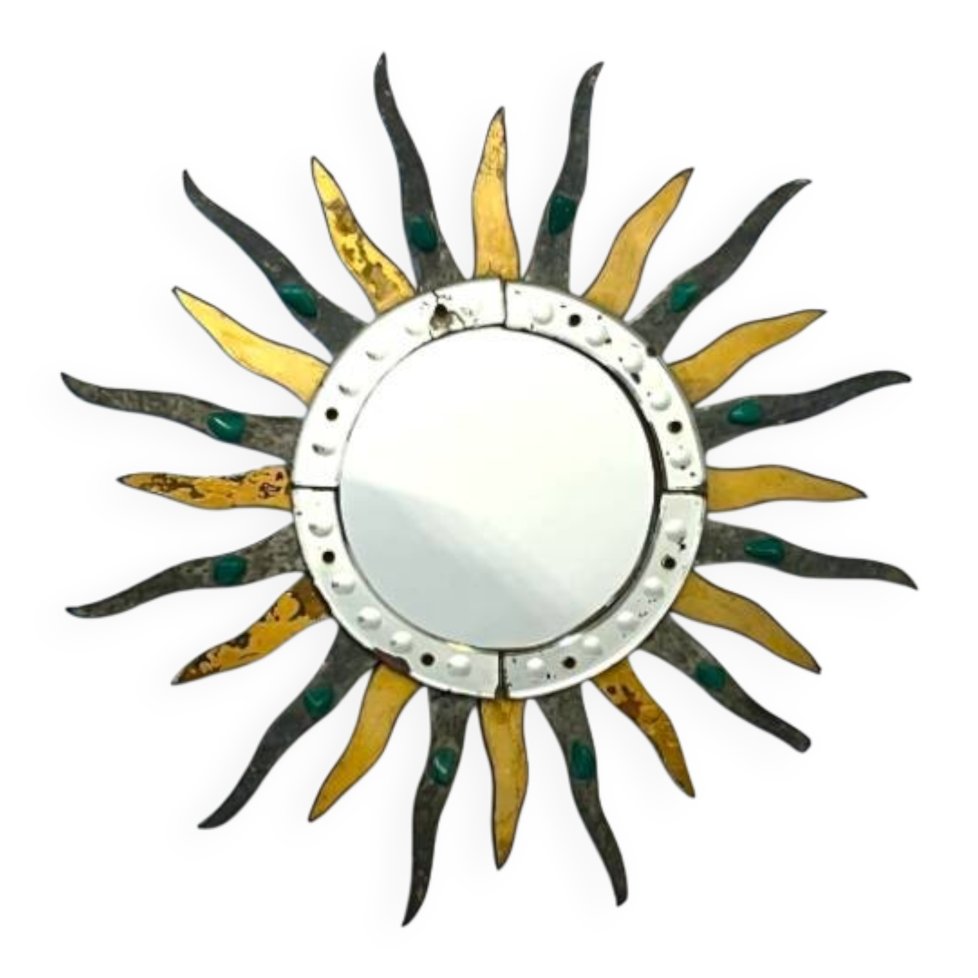 Sun-shaped mirror, wooden frame, circa 1980.