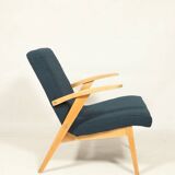 Fauteuil vintage scandinave bleu marin bouclé design moderne milieu siècle