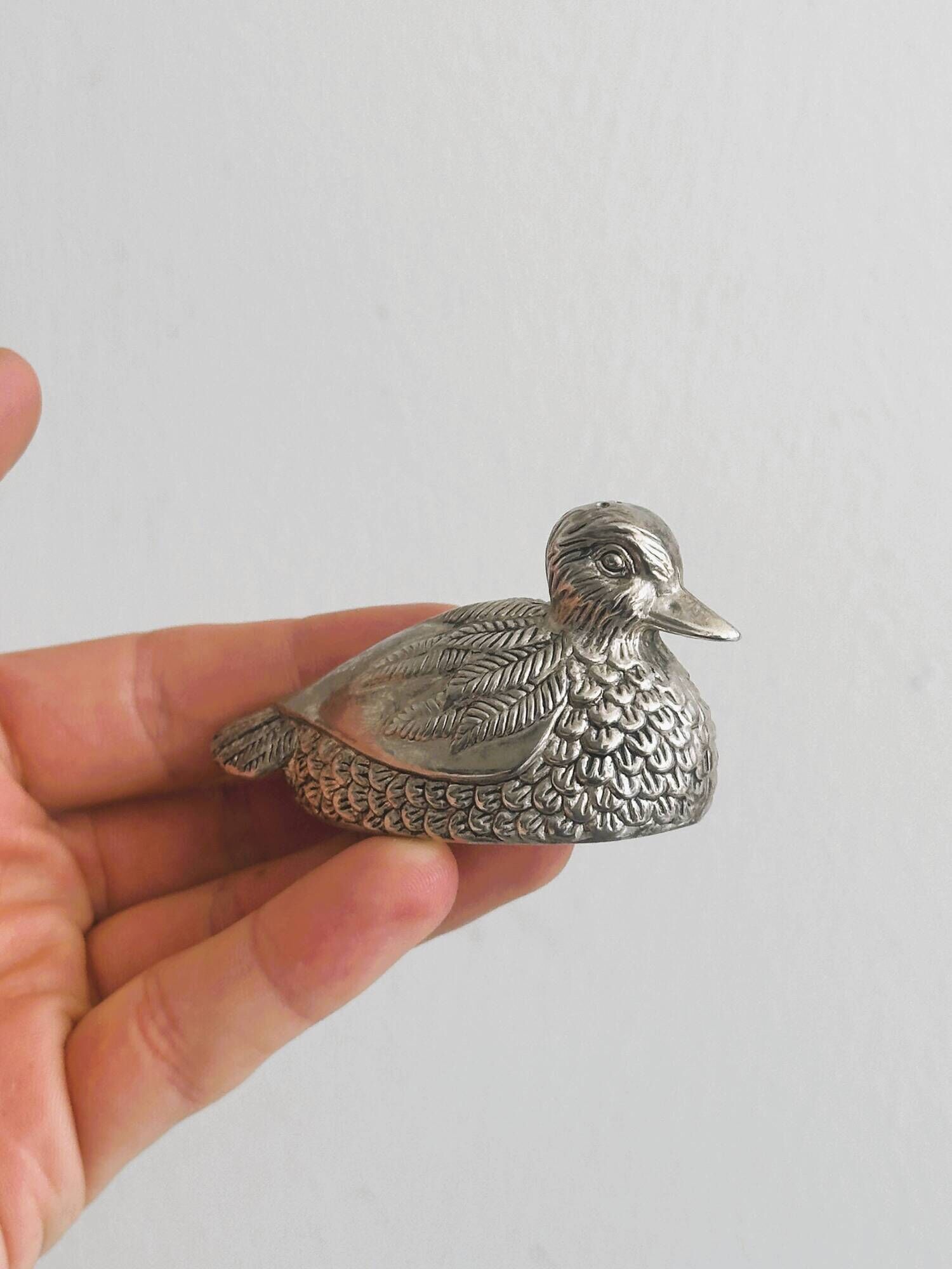 Silver plated duck shaped salt and pepper shakers