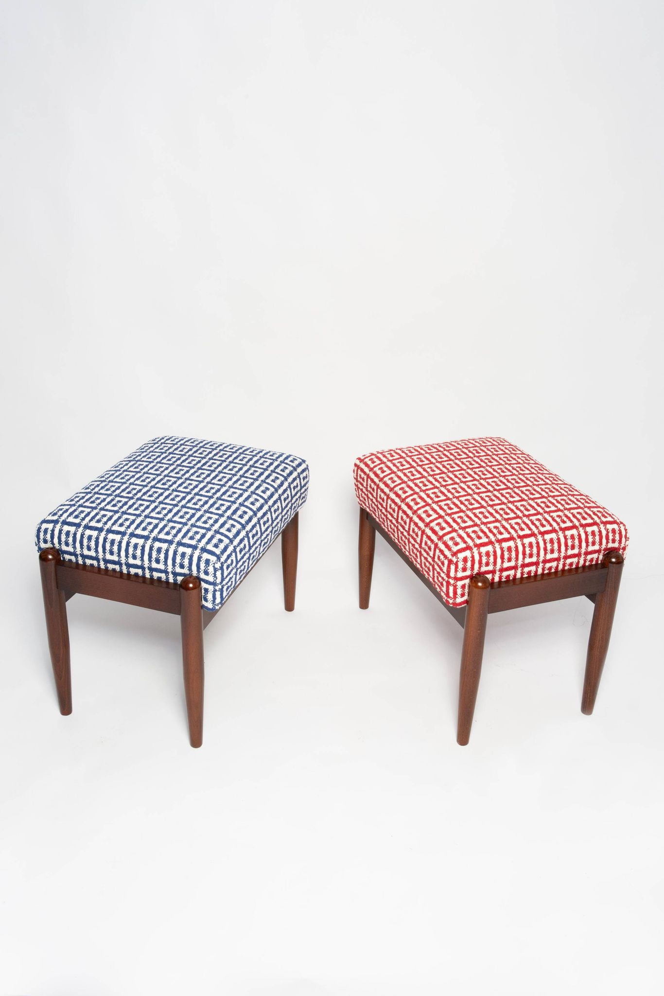 Pair of GFM mid-century stools in Dedar jacquard tweed, E. Homa, Europe, 1960s.