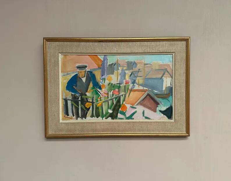Swedish Original Oil on Canvas – "Figure Near a Flower Fence" by Carl Gunne – Signed – Vintage and Framed – 69.5 × 48 cm (27.4" × 18.9")