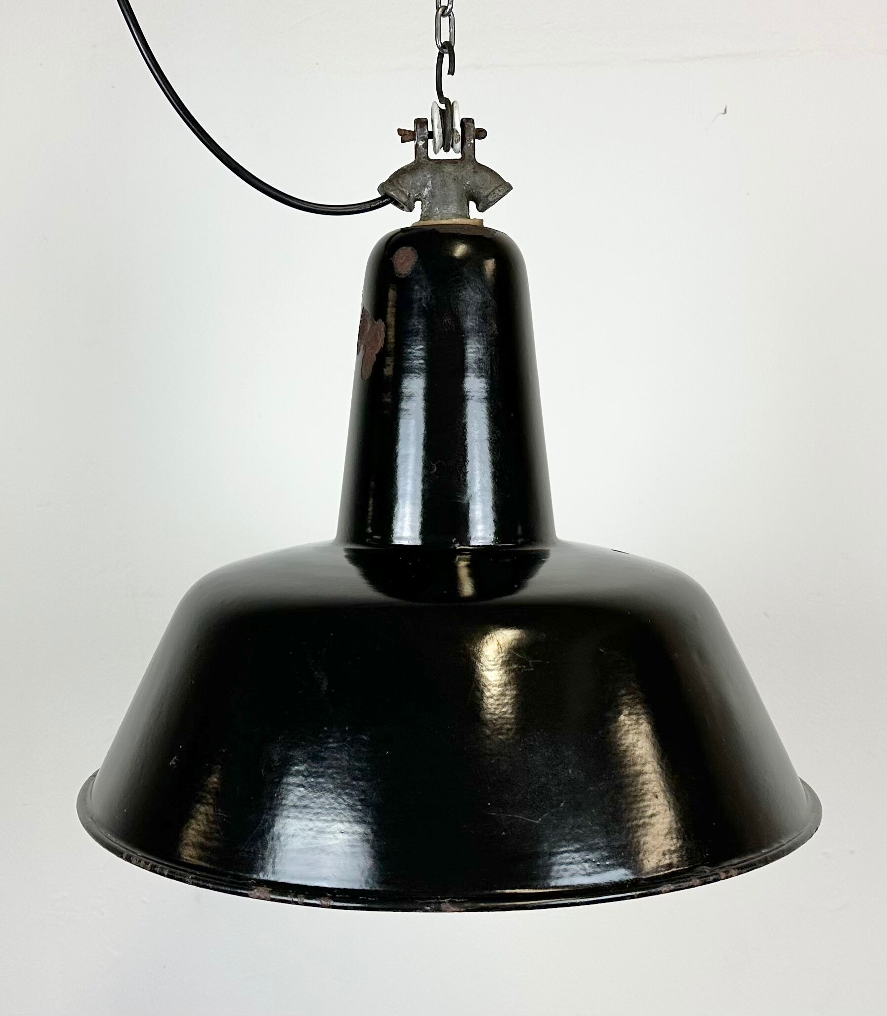 Industrial Black Enamel Factory Lamp with Cast Iron Top, 1950s