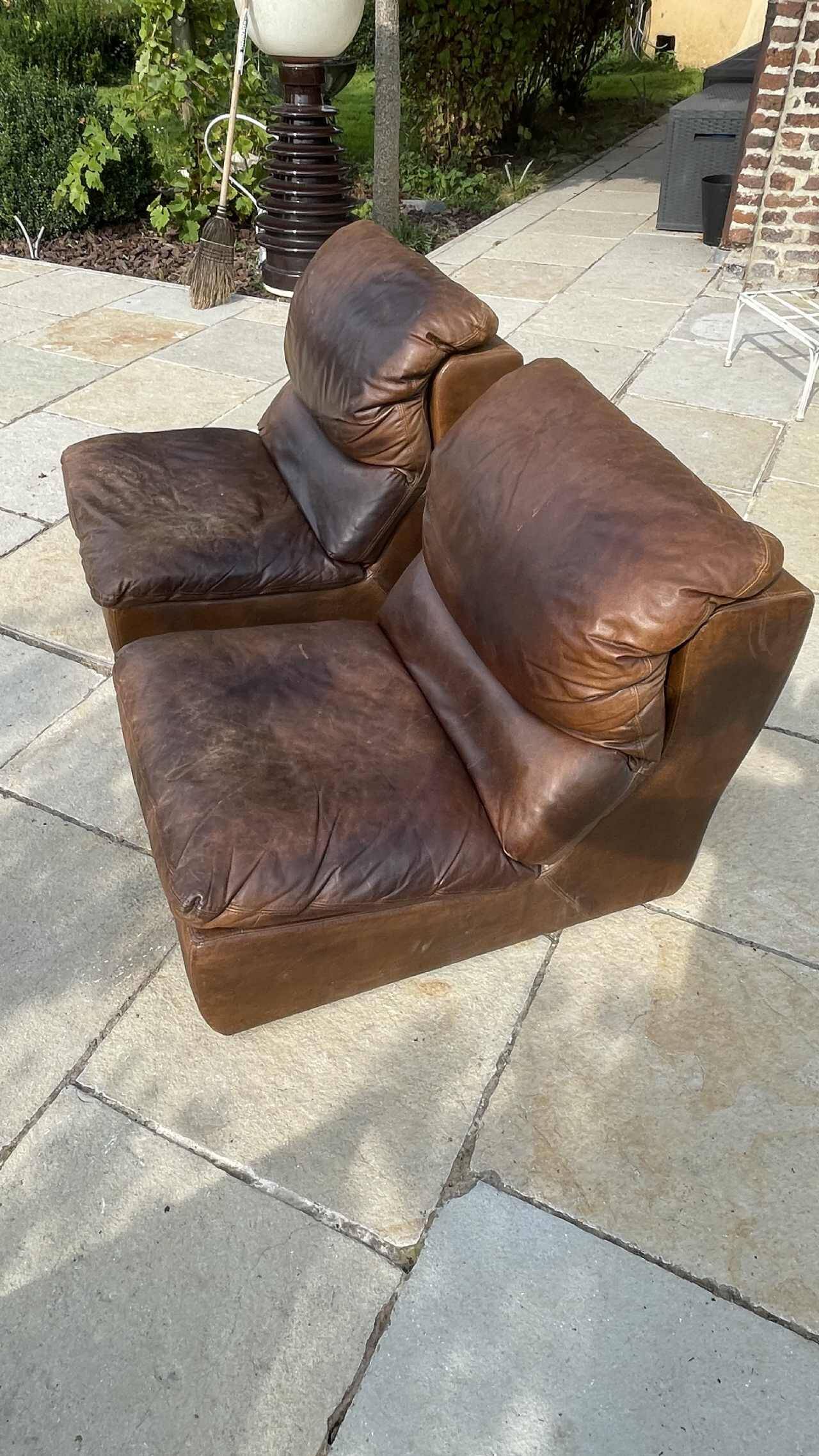 Pair of vintage leather armchairs / fireside chairs / clubs, 1970s