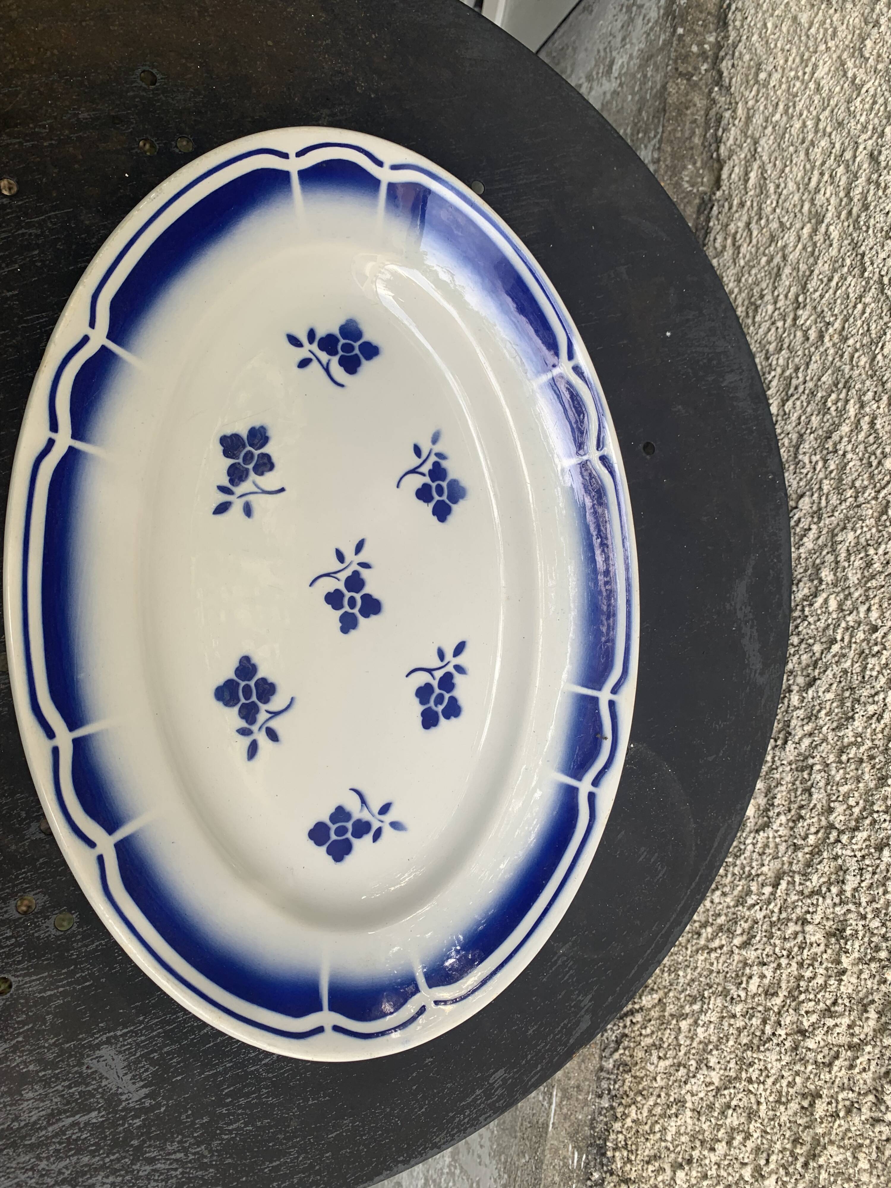 Art Deco earthenware blue flower serving dish