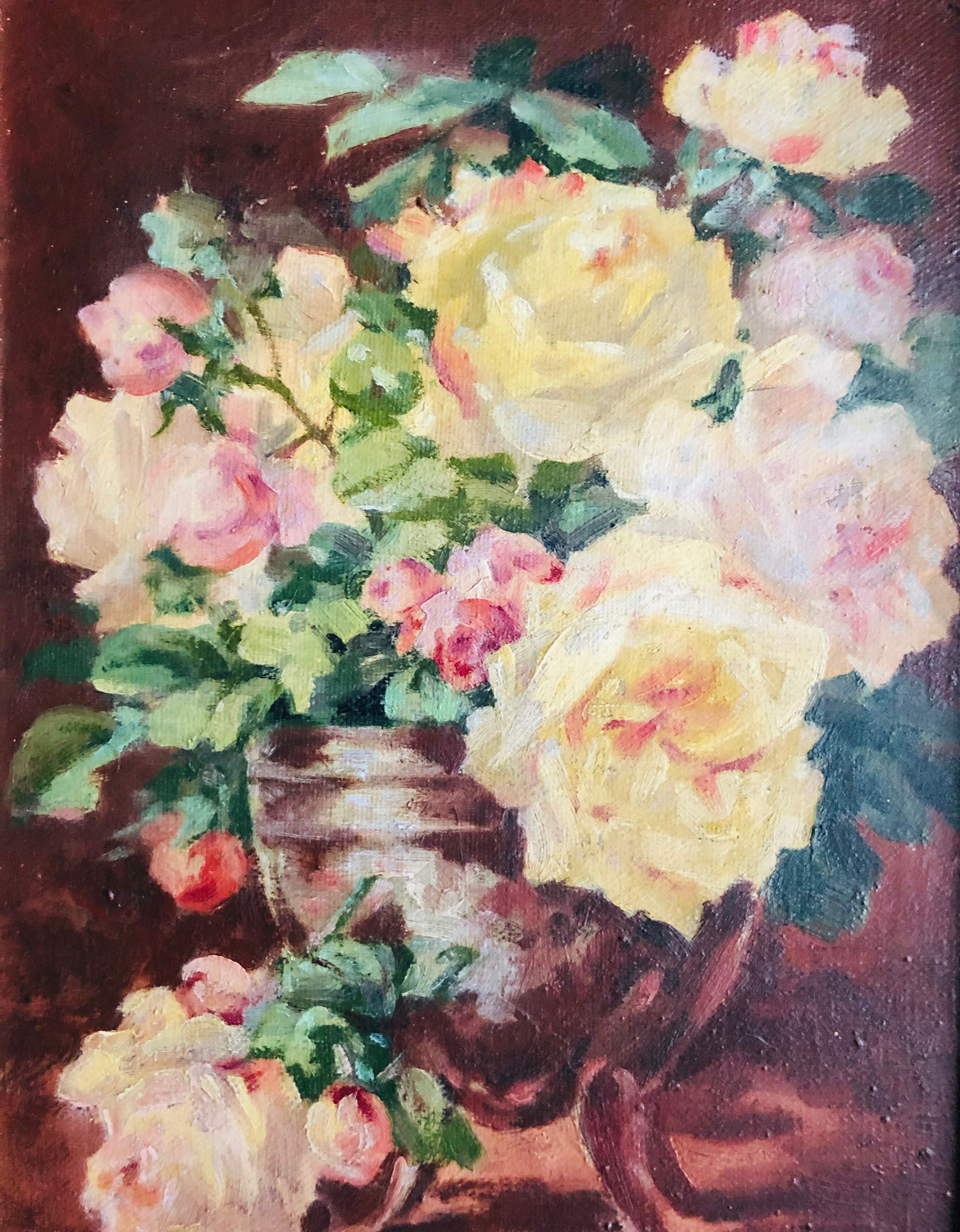 Huile sur toile, nature morte au bouquet de roses