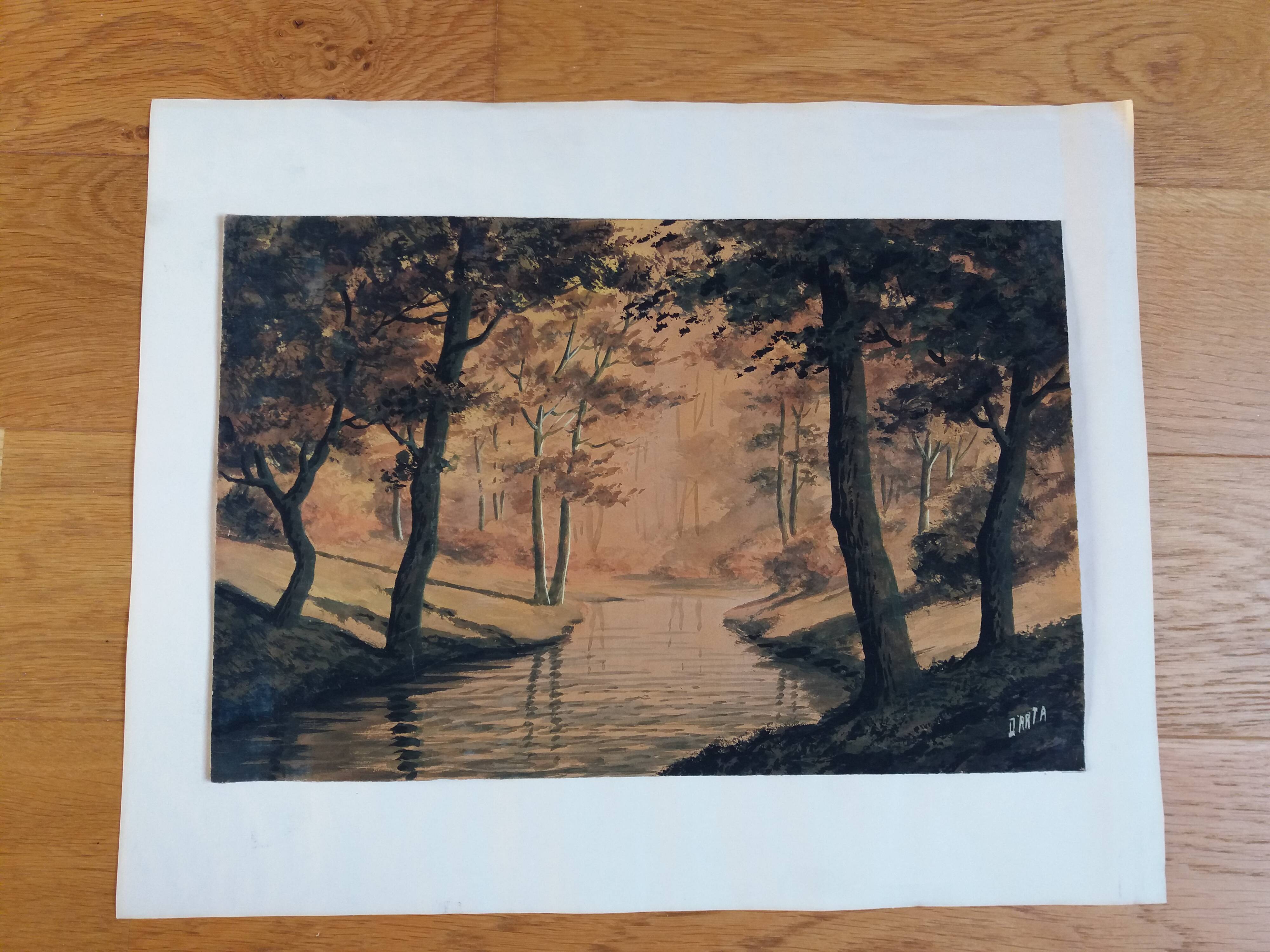 Watercolor signed Darta landscape river and forest